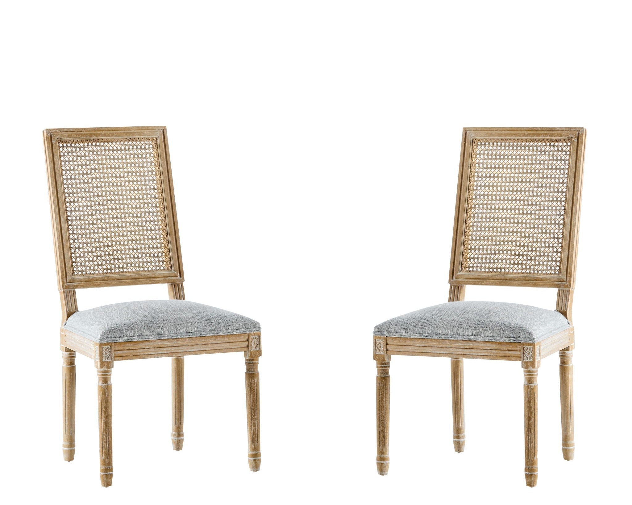 French Country Dining Chair With Rectangular Cane Backrest And Smooth Upholstered Seating