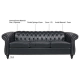 84.65" Black PU Rolled Arm Chesterfield Three Seater Sofa