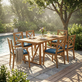 7 Pieces Acacia Wood Outdoor Dining Set with Blue Cushions