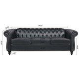 84.65" Black PU Rolled Arm Chesterfield Three Seater Sofa