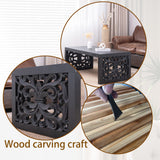 47.2' Solid Black Carved Wood Coffee Table – Handcrafted Look with Ornate Side Panels