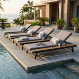 Black Iron + Teak Finish Outdoor Chaise Lounge Set