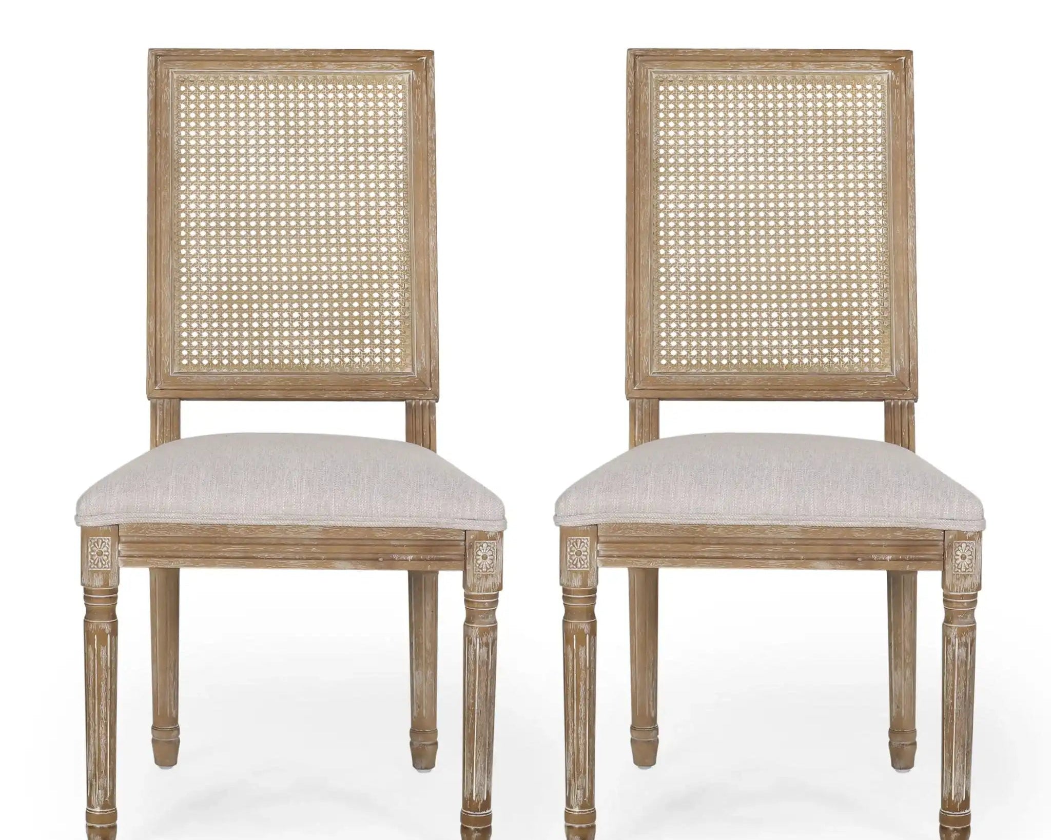 French Country Dining Chair With Rectangular Cane Backrest And Smooth Upholstered Seating
