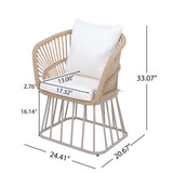 Outdoor 7-Piece Dining Set - Rectangular Teak Wood Table + 6 Wicker Chairs with Cushions