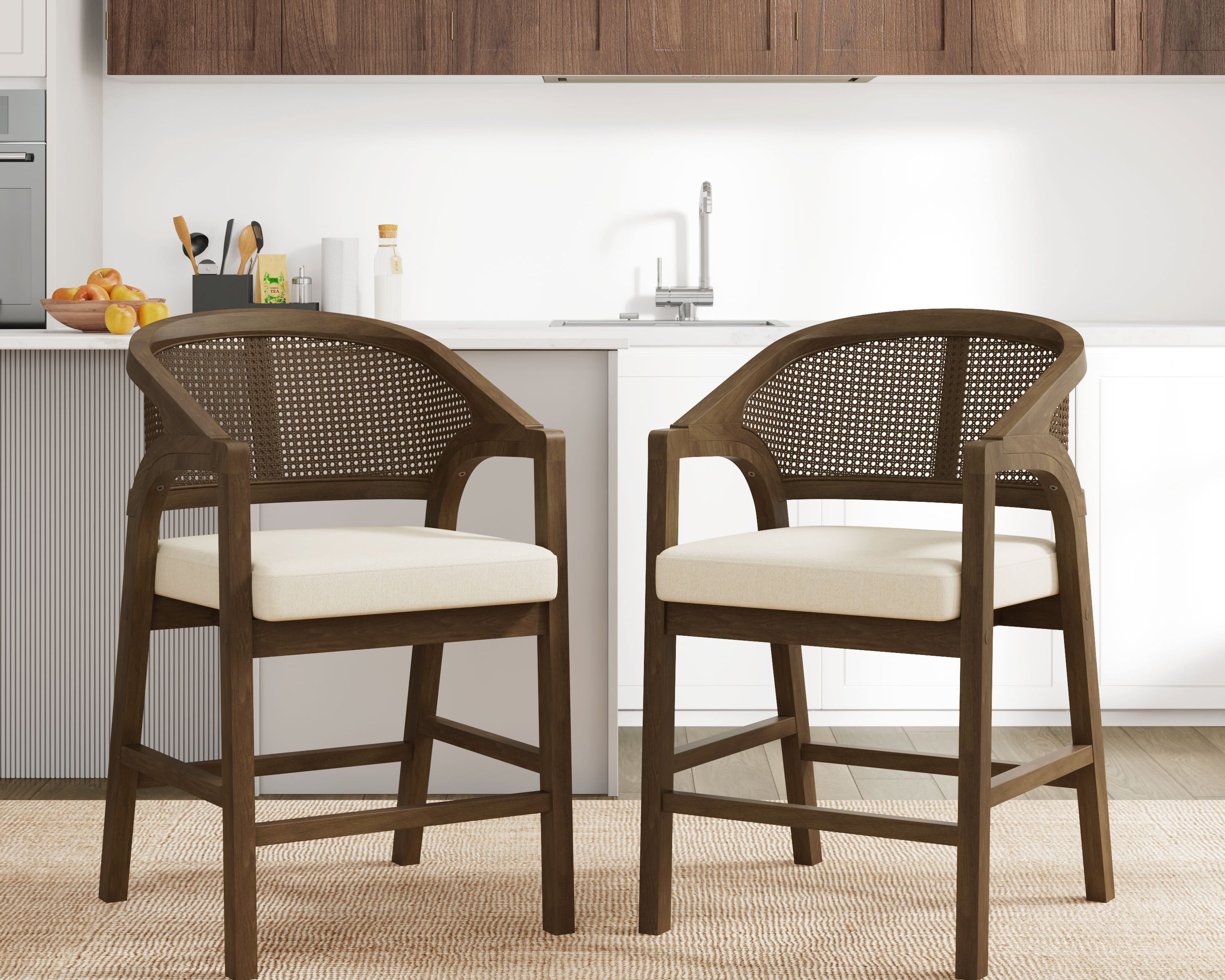 Wooden Frame Counter Stool with Rattan Back - Set of 2