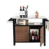 Outdoor Kitchen Wicker Island Rolling Cart & Storage Cabinet Brown