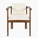 Outdoor Dining Chair Set of 2 with Curved Acacia Wood Arms, Brown Finish and Cream Cushions