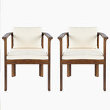 Outdoor Dining Chair Set of 2 with Curved Acacia Wood Arms, Brown Finish and Cream Cushions