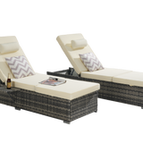 Outdoor Chaise Lounge Chair Set of 2 with Storage Patio Pool Chairs Tanning Lounges for Outside,Beach Rattan Recliners with Adjustable Backrest, Table, Cushion for Poolside Backyard Garden