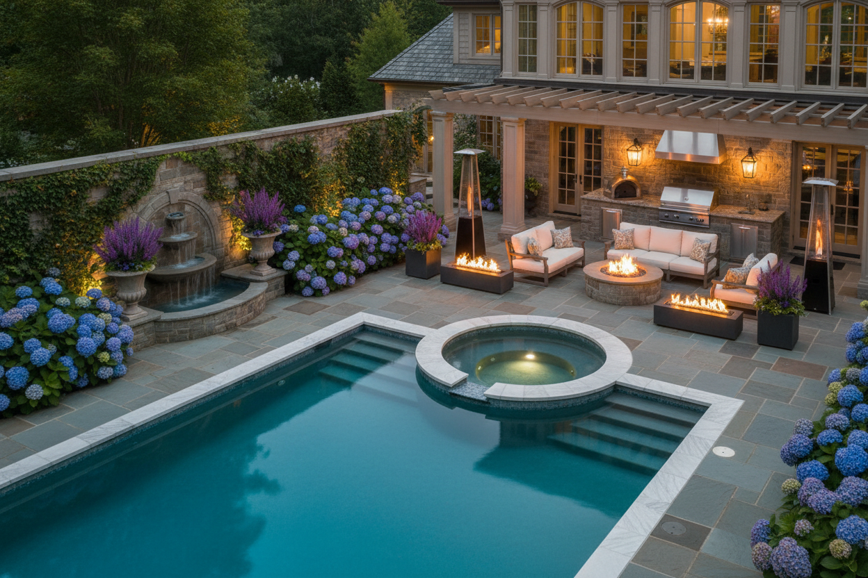 Create an outdoor pool scene on a traditional luxury home with spa, firepit, outdoor kitchen, patio heater, fire tables, water feature, hydrangeas and ivy and russian sage or purple salvia in pots.  very prestige looking