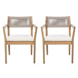 Braided Acacia Wood Outdoor Dining Chairs Set of 2 – Teak Look with Beige Rope & Cream Cushions