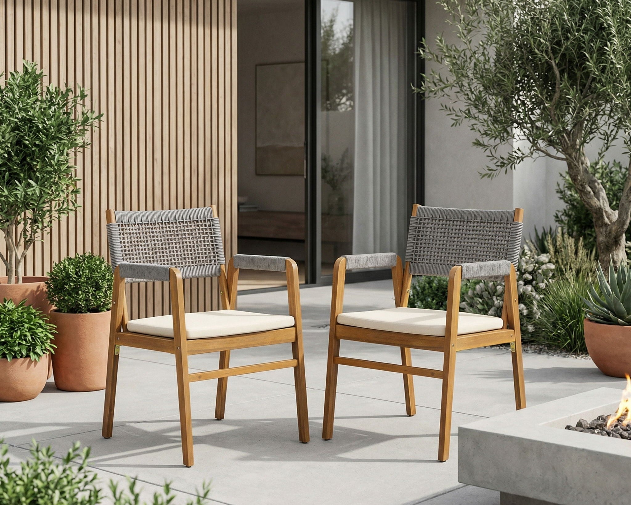 Outdoor Acacia Wood Dining Armchair With Cushion (Set of 2)