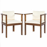 Outdoor Dining Chair Set of 2 with Curved Acacia Wood Arms, Brown Finish and Cream Cushions