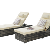 Outdoor Chaise Lounge Chair Set of 2 with Storage Patio Pool Chairs Tanning Lounges for Outside,Beach Rattan Recliners with Adjustable Backrest, Table, Cushion for Poolside Backyard Garden