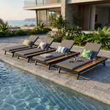 Black Iron + Teak Finish Outdoor Chaise Lounge Set