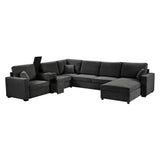 Modular 5 Seat U-Shape Sectional Sofa With Chaise Lounge, Built In Cup Holders And Storage Drawer