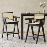 Modern Minimalist Bar Stool With Cane Seat - Black / Natural