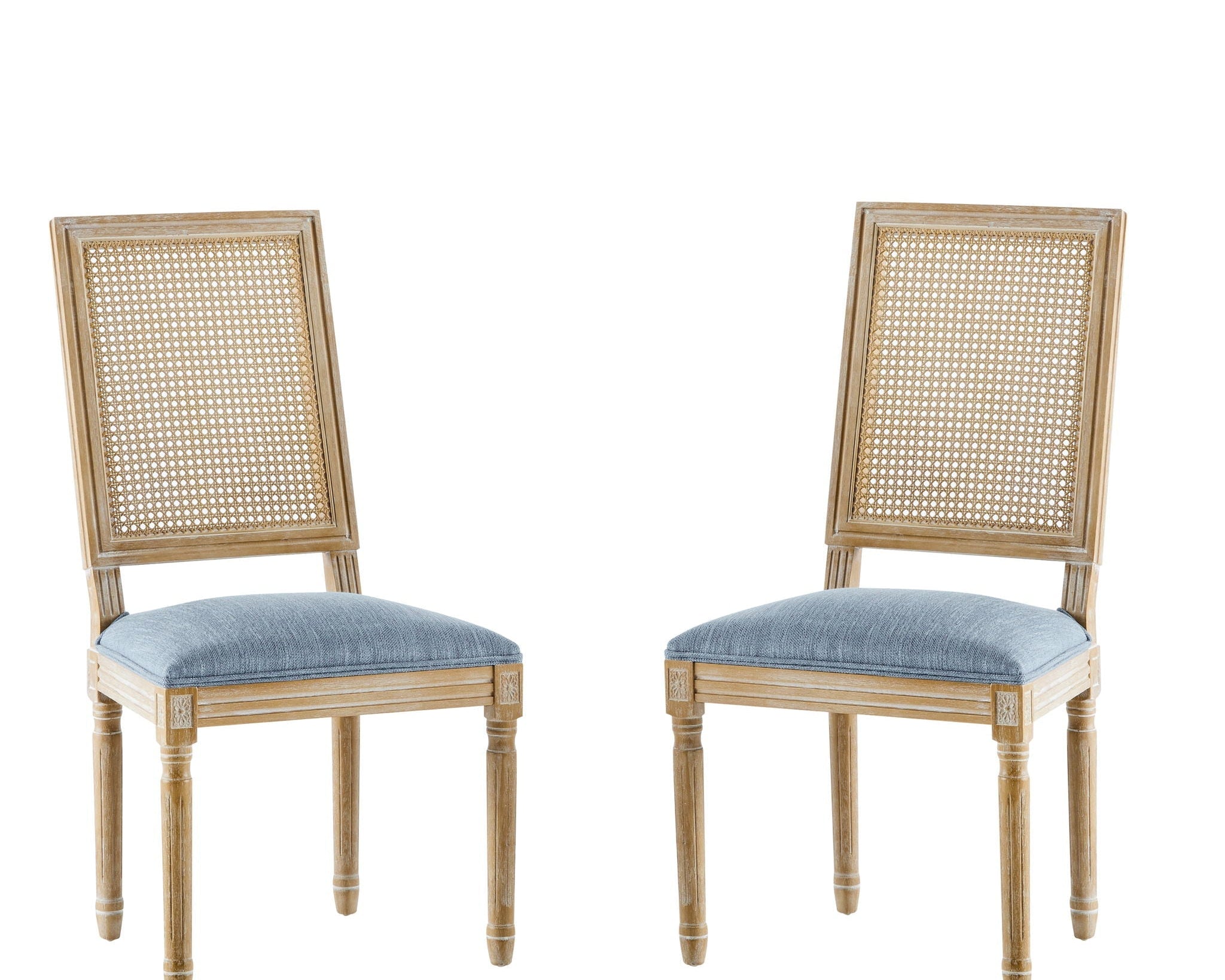French Country Dining Chair With Rectangular Cane Backrest And Smooth Upholstered Seating