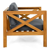 Patio Conversation Set with Foldable Acacia Wood Table and Cushioned Armchairs