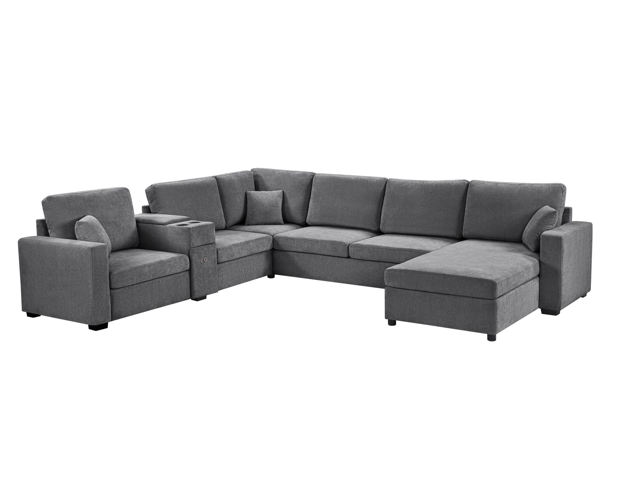 Modular 5 Seat U-Shape Sectional Sofa With Chaise Lounge, Built In Cup Holders And Storage Drawer