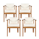 Outdoor Dining Chair Set of 4 with Curved Acacia Wood Arms and Cream Cushions