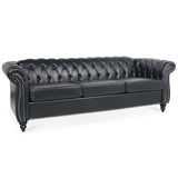 84.65" Black PU Rolled Arm Chesterfield Three Seater Sofa
