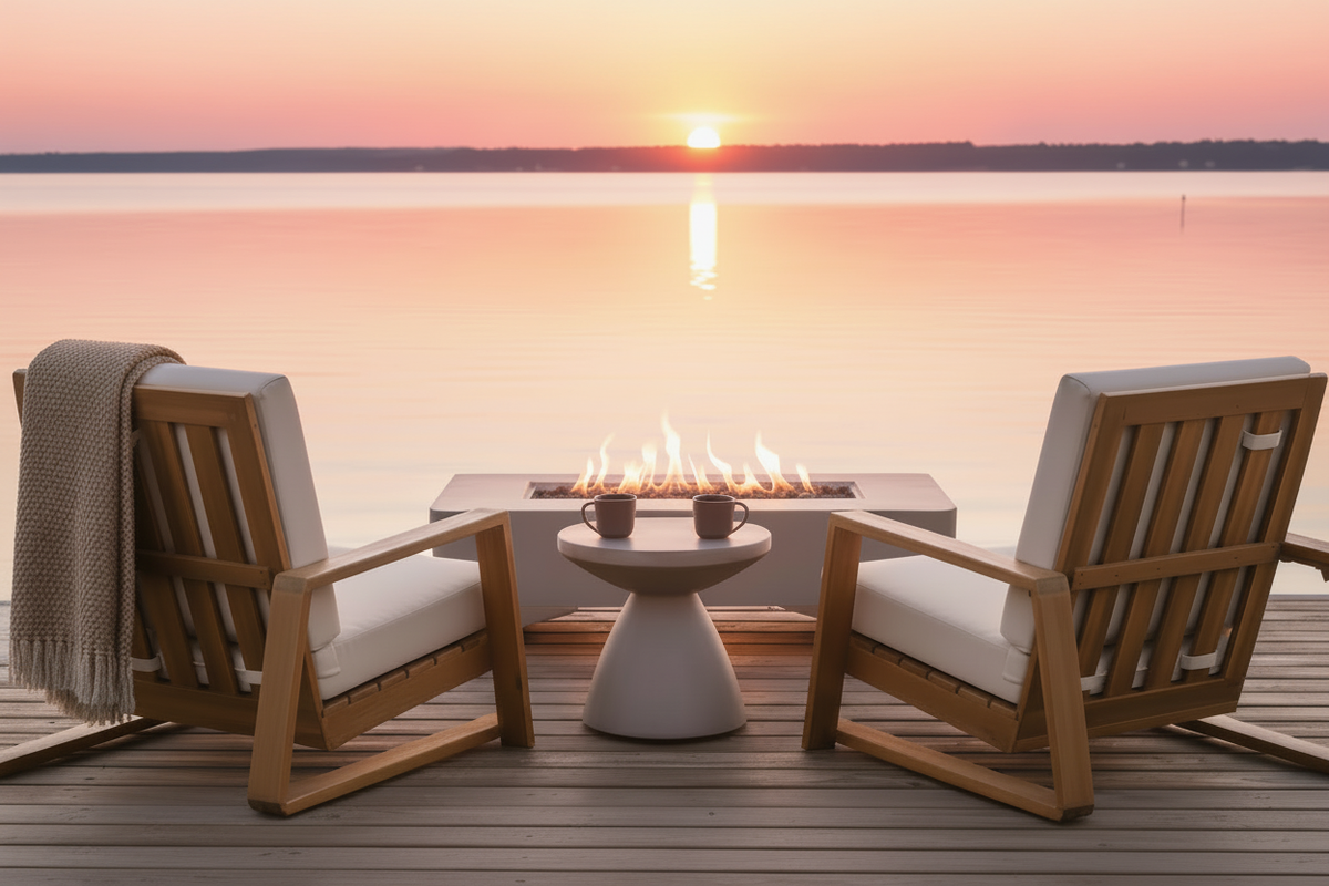 Fire-pit hero slide with the sun lower in frame