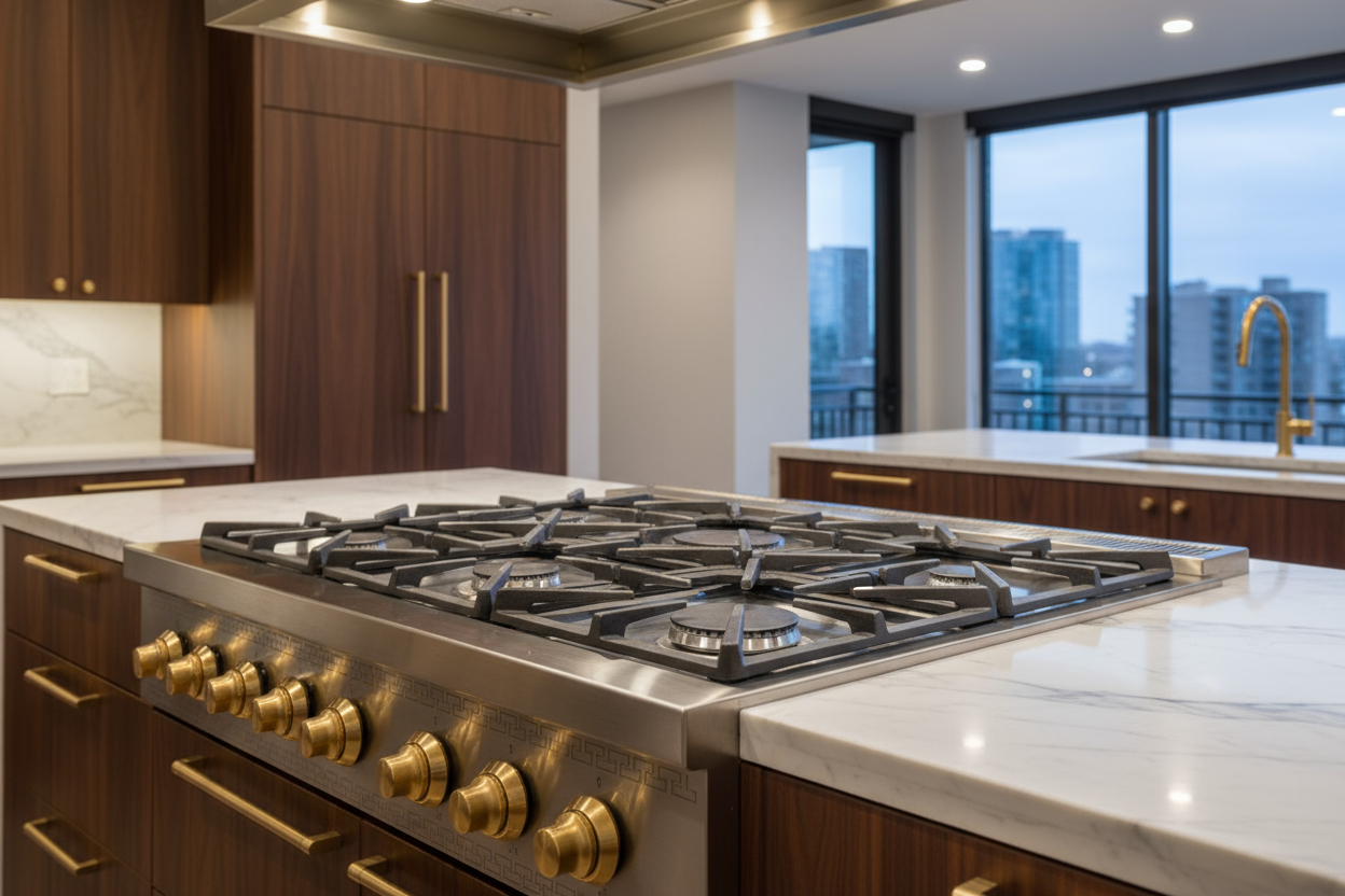 high end luxury gas cooktop in stainless steel and gold knobs