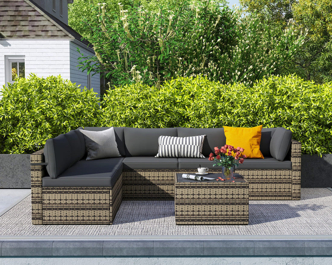 Pamapic 7-Piece Rattan Outdoor Sectional Sofa Set for Poolside, Backyard, Deck